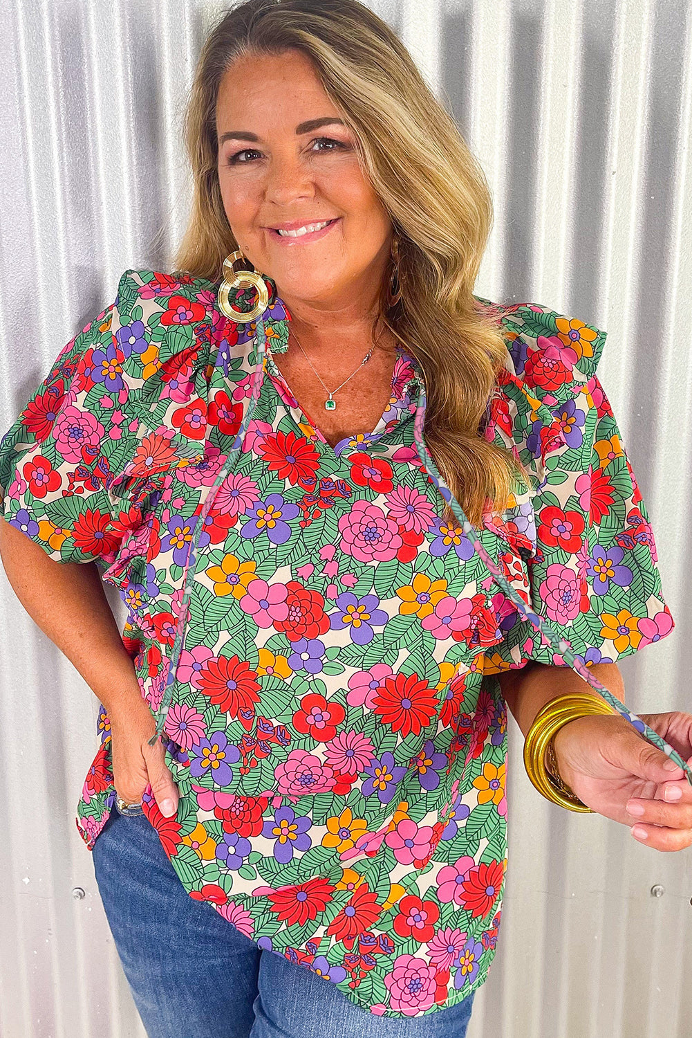 Multicolor Plus Size Floral Print Ruffle V Neck Bubble Sleeve Blouse