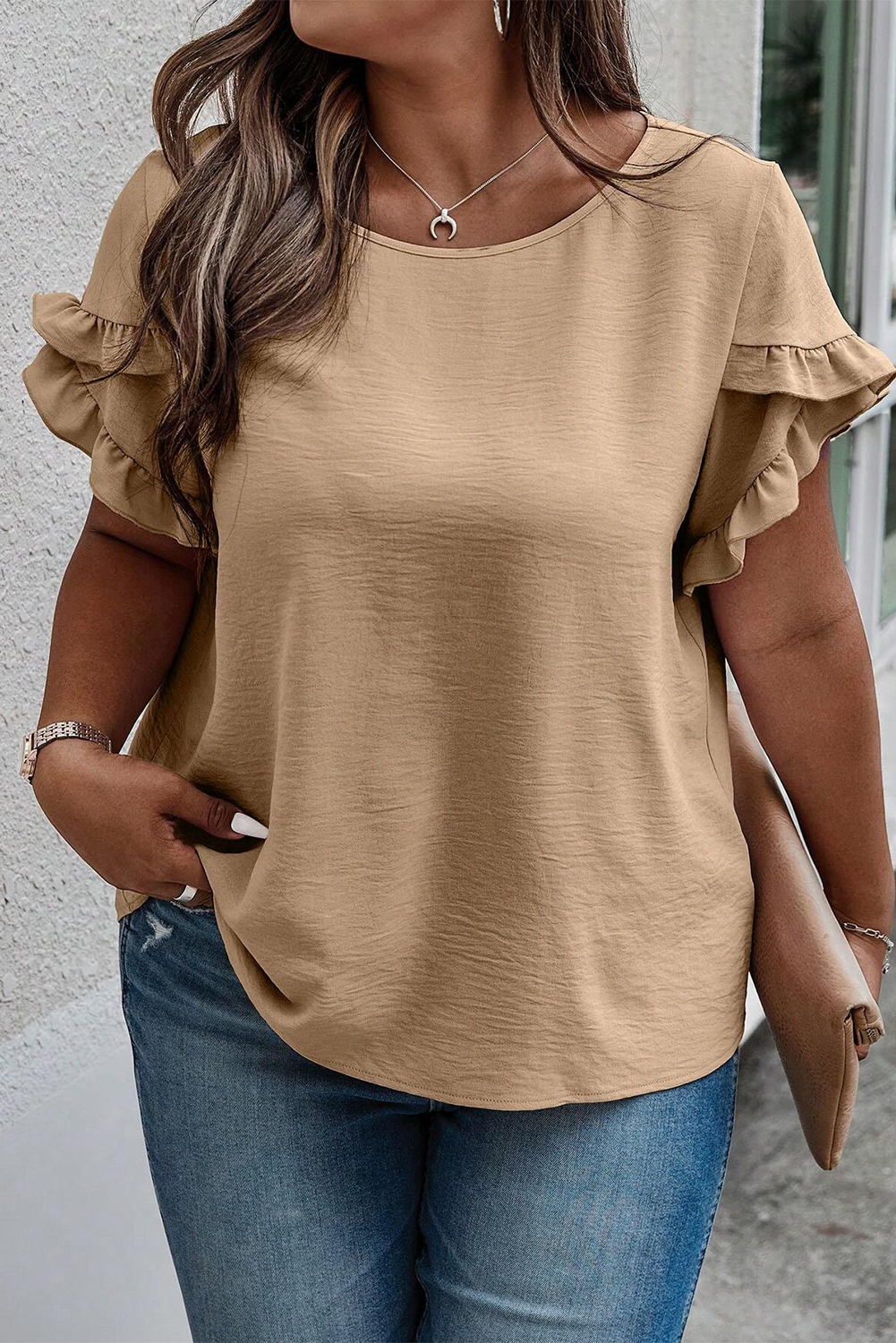 Bright Pink Ruffled Short Sleeve Plus Size Top