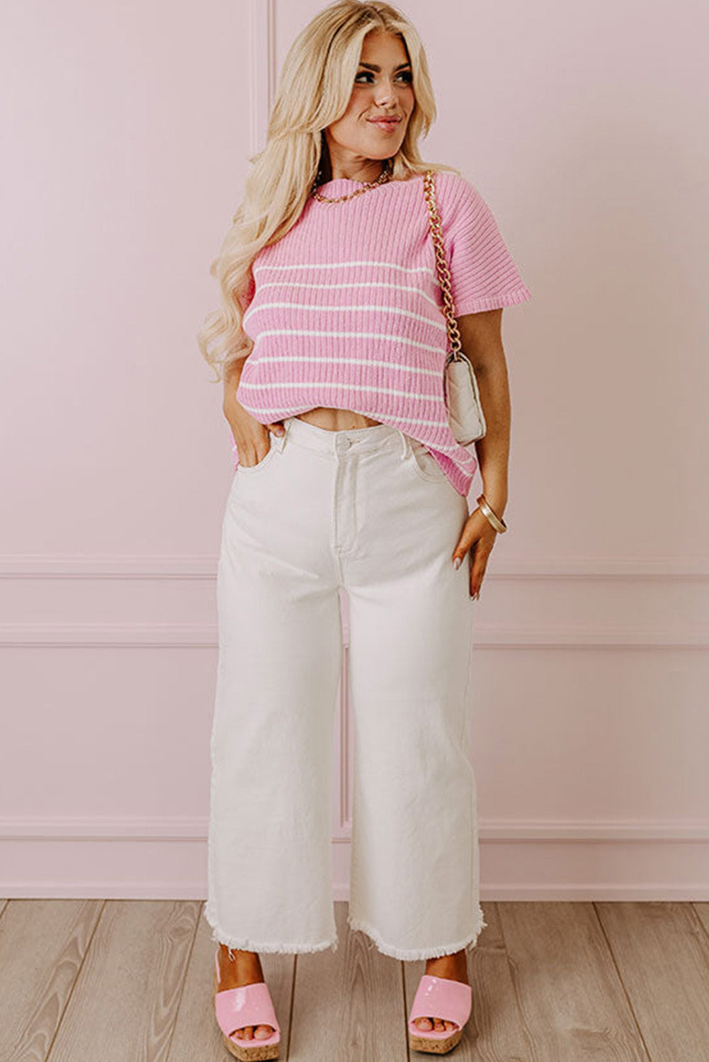 Pink Plus Size Ribbed Stripe Round Neck T Shirt