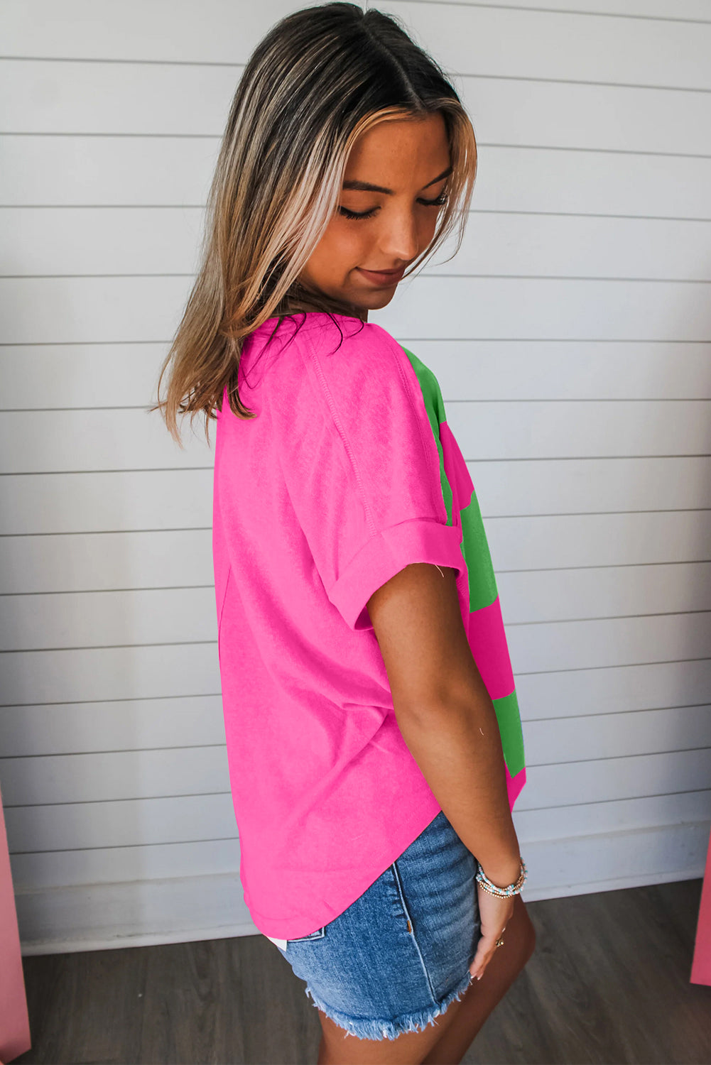 Rose & Blue Colorblock Exposed Seam Tee