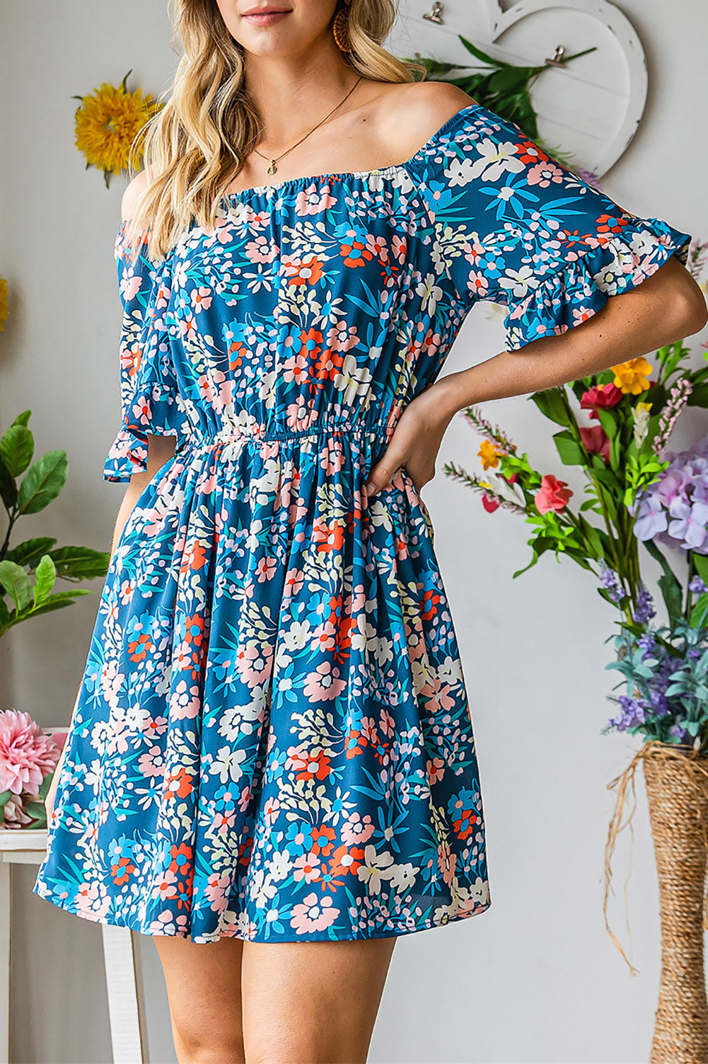 Bohemian Floral Print Off Shoulder Short Dress