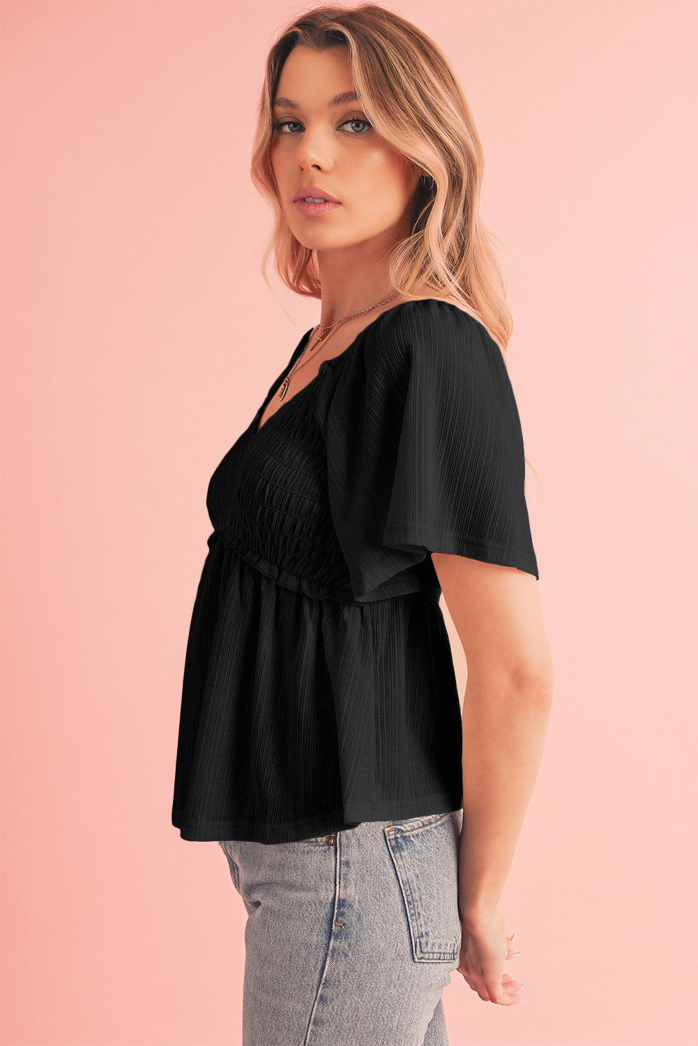 Shirred V Neck Short Flutter Sleeve Textured Blouse