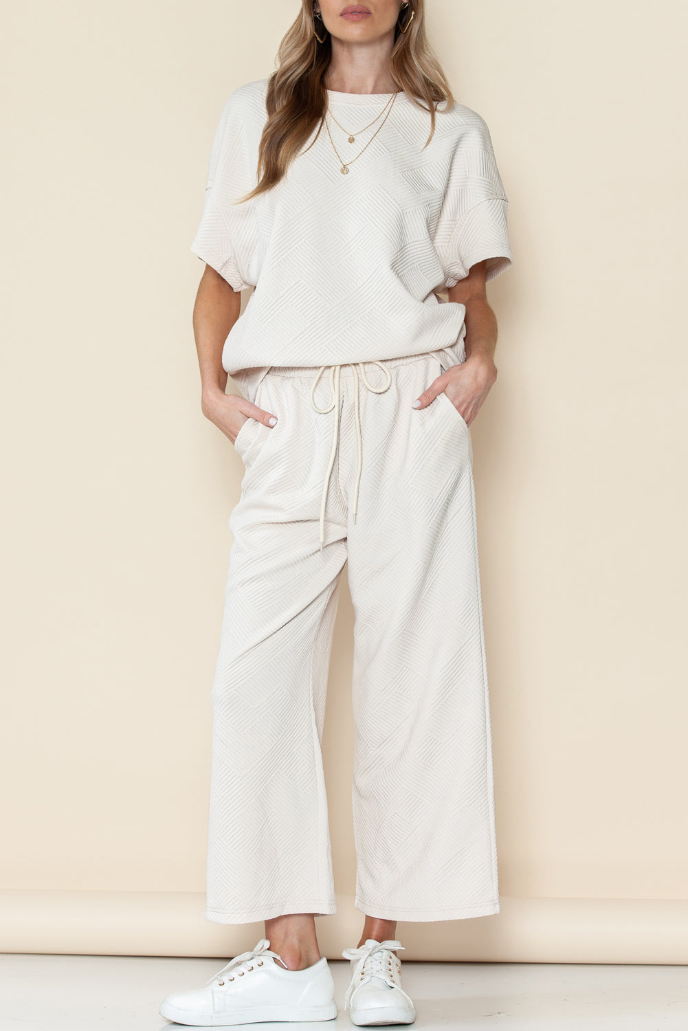 Textured Loose Fit T Shirt and Drawstring Pants Set