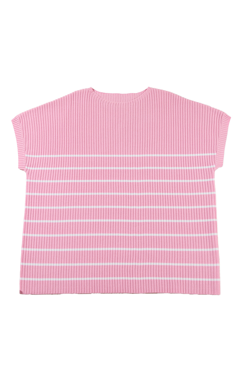 Pink Plus Size Ribbed Stripe Round Neck T Shirt