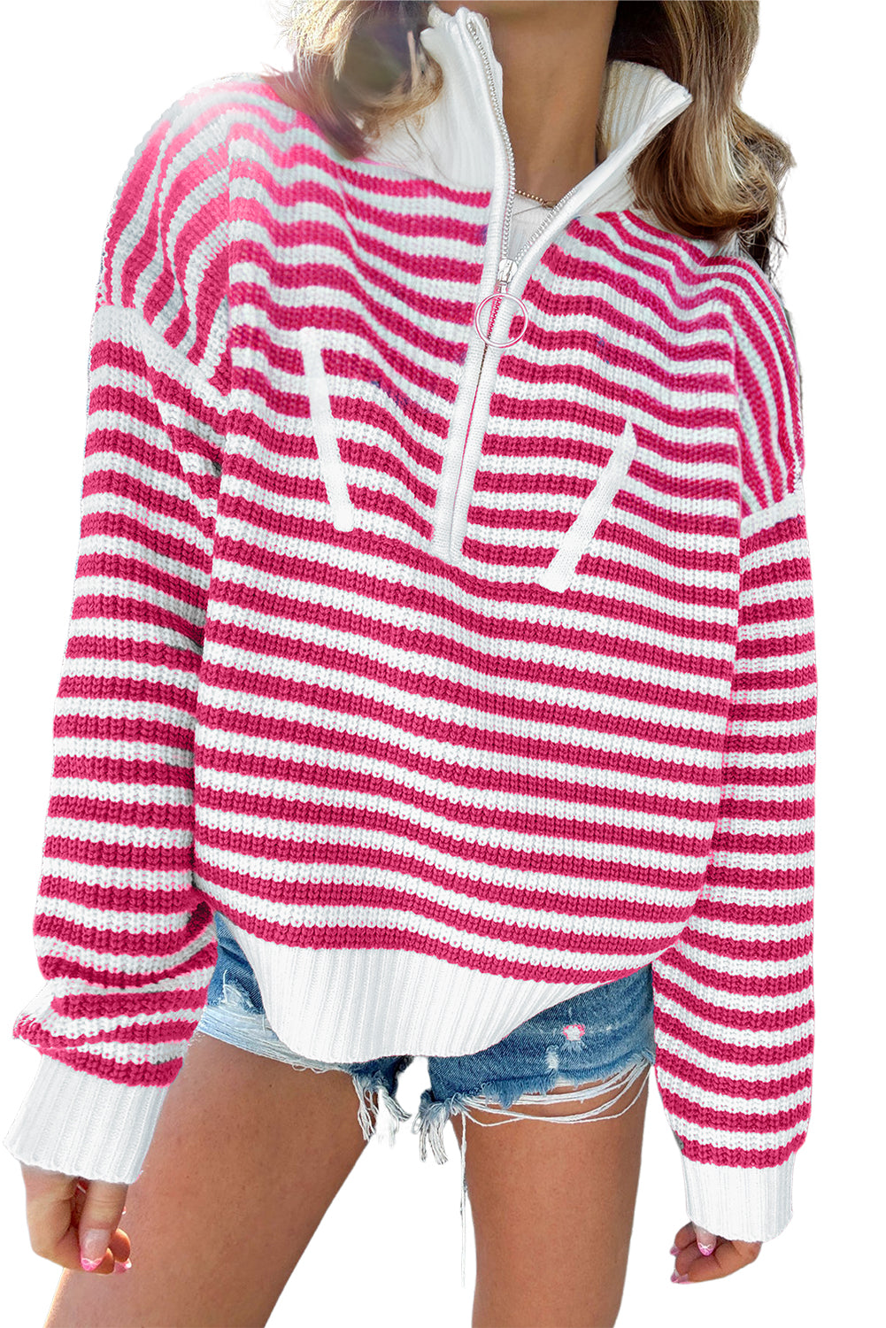 Striped Zip Up Collar Drop Sleeve Sweater