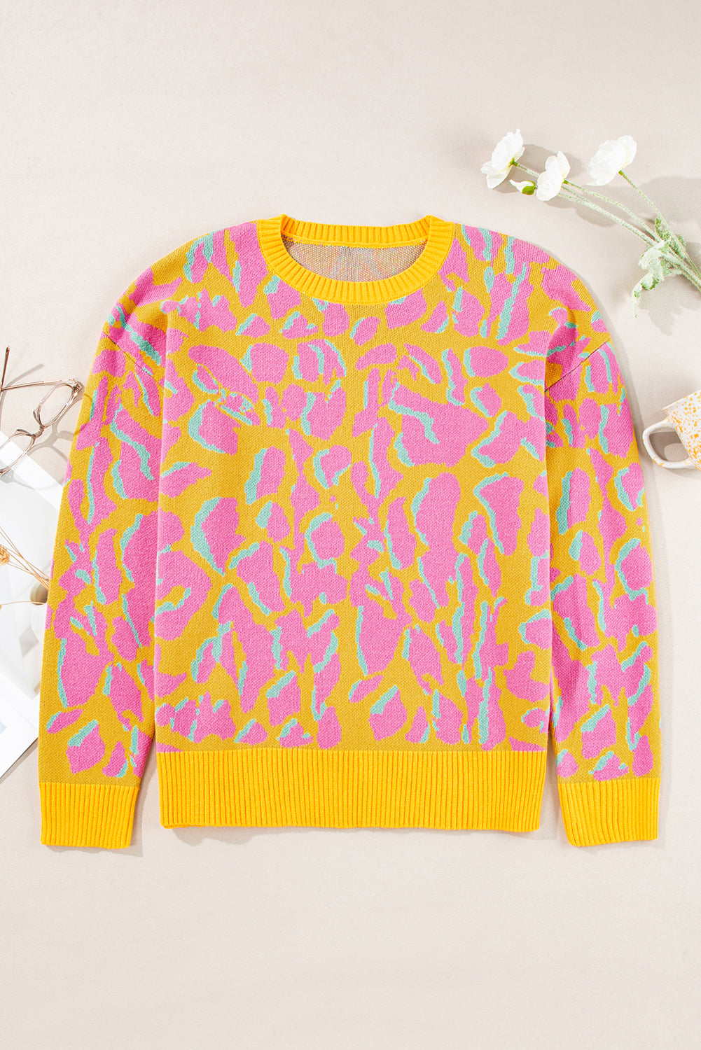 Orange Abstract Print Ribbed TrimSweater