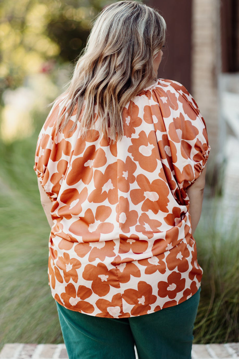 Orange Floral Print Drawstring V Neck Short Sleeve Blouse