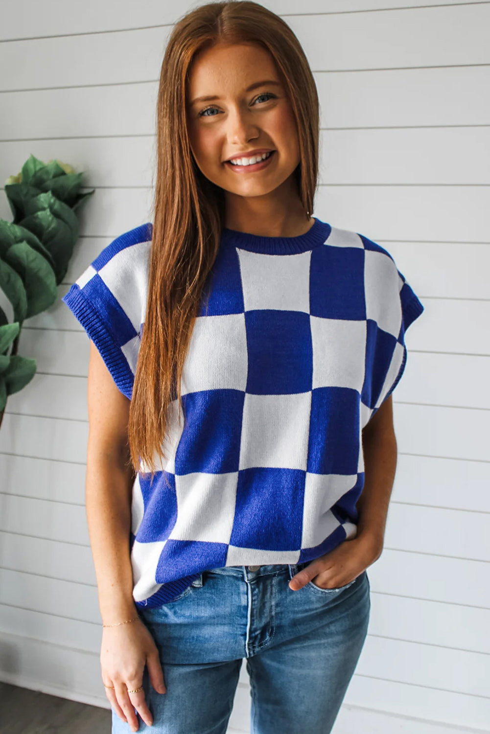 Dark Blue Checkered Knit Top