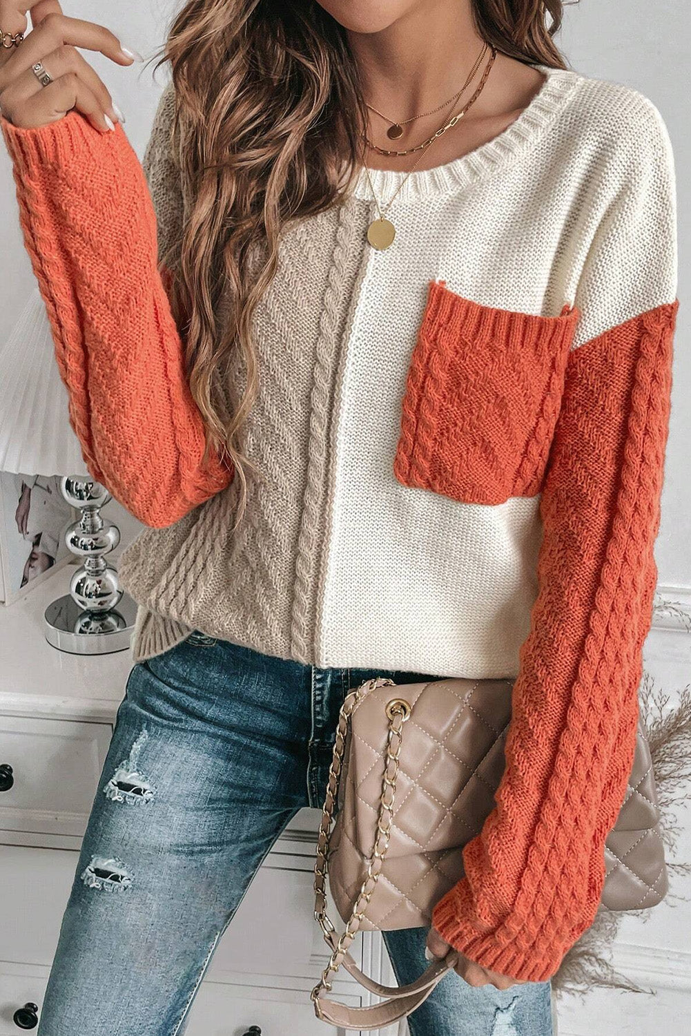 Colorblock Pocket Drop Shoulder Sweater