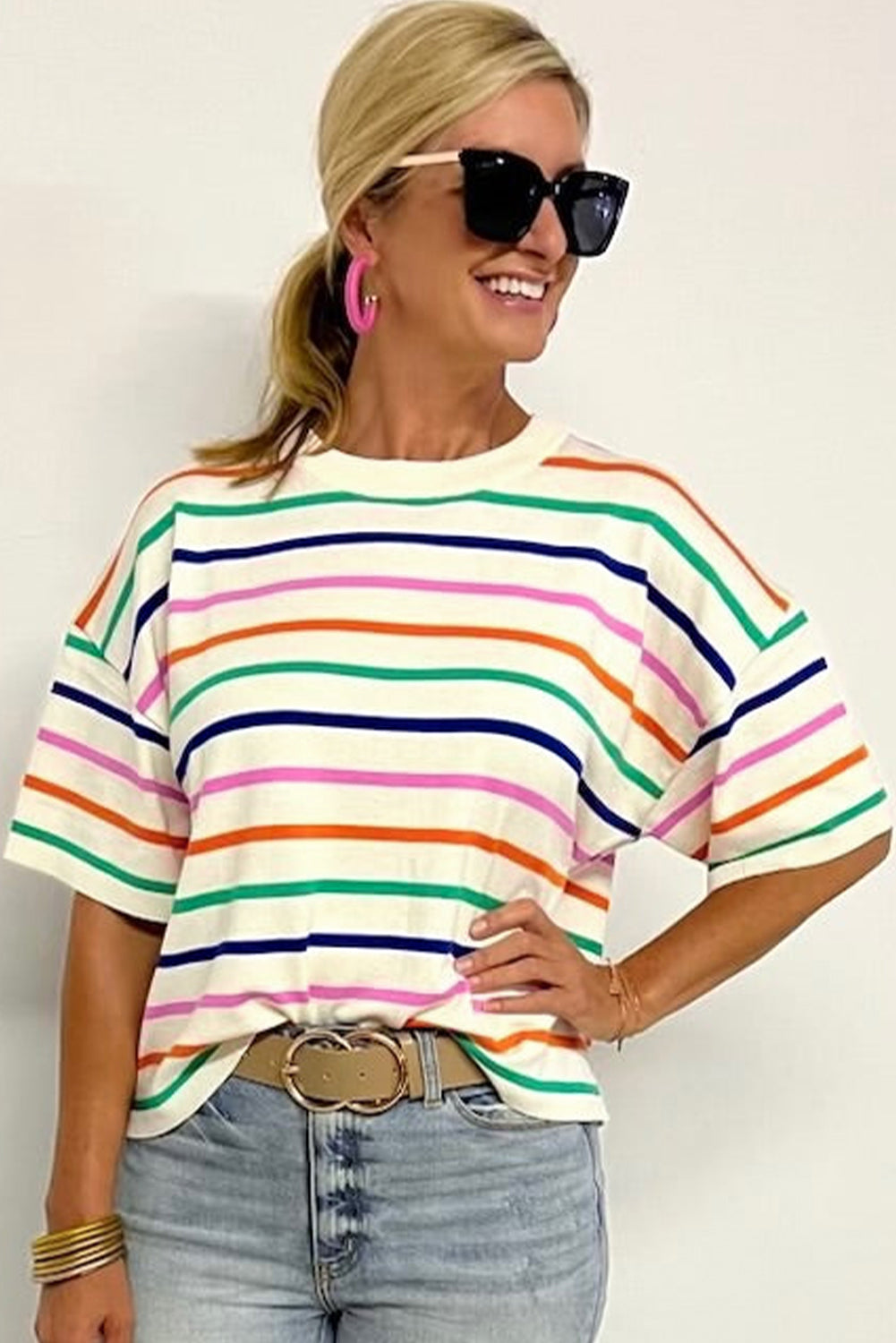 Beige Stripe Dropped Short Sleeve Loose Fit Knitted Top