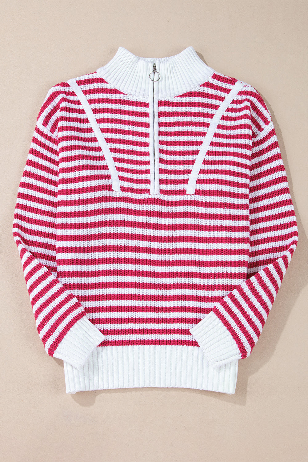 Striped Zip Up Collar Drop Sleeve Sweater