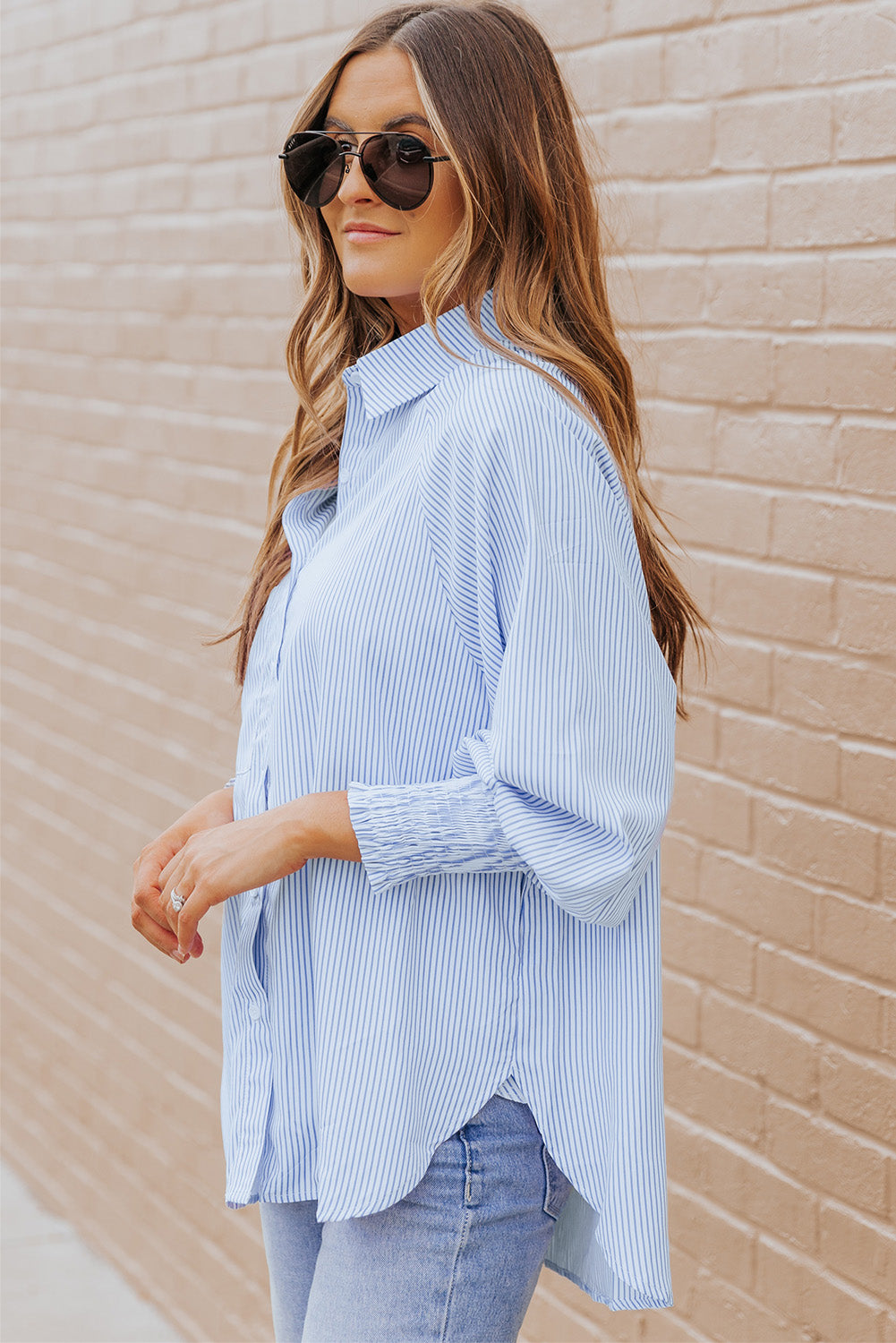 Striped Casual Shirred Cuffs Shirt