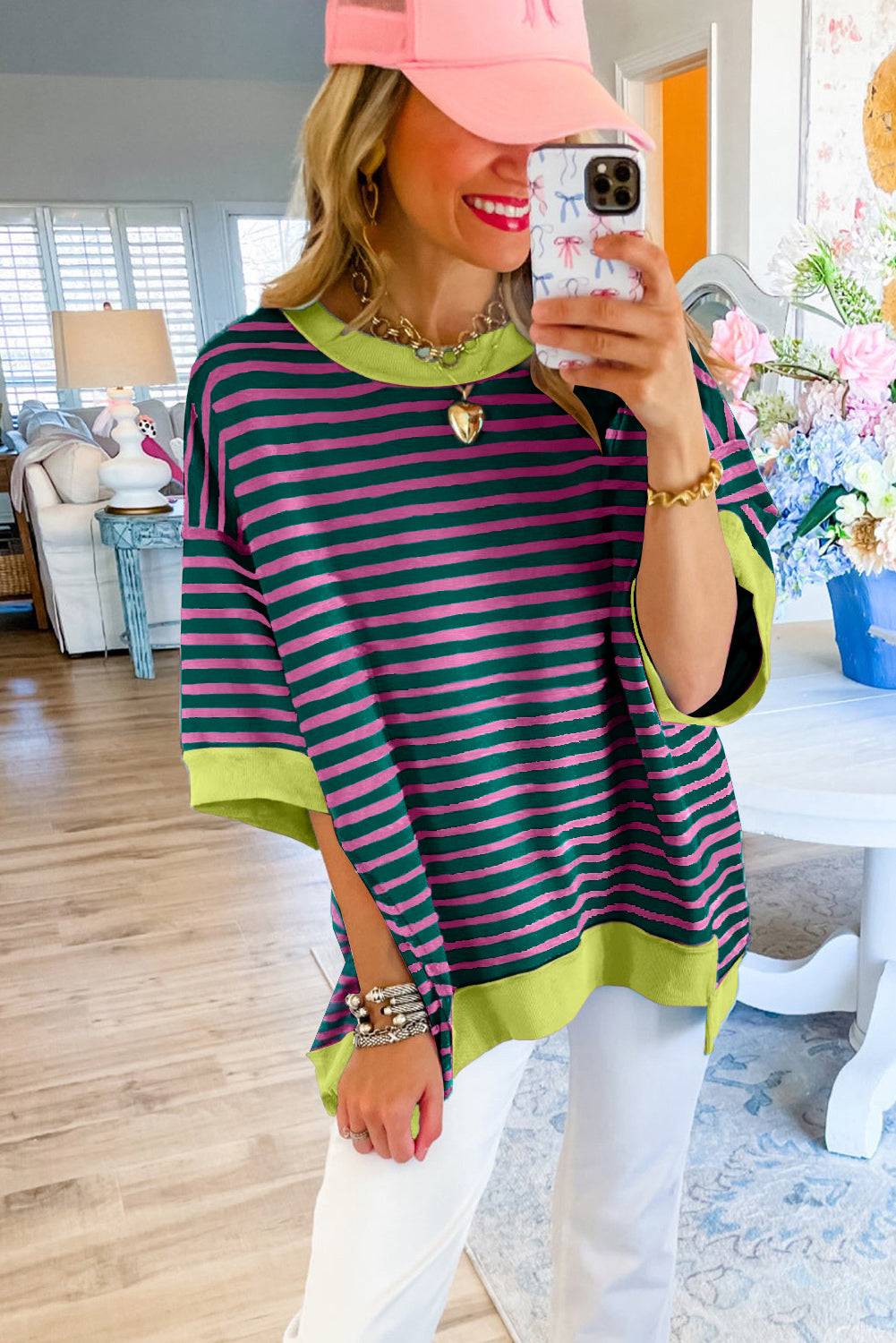 Stripe Colorblock Drop Sleeve Oversized T Shirt