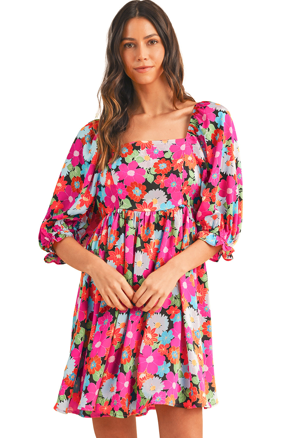 Rose Floral Print Square Neck Short Puff Sleeve Dress