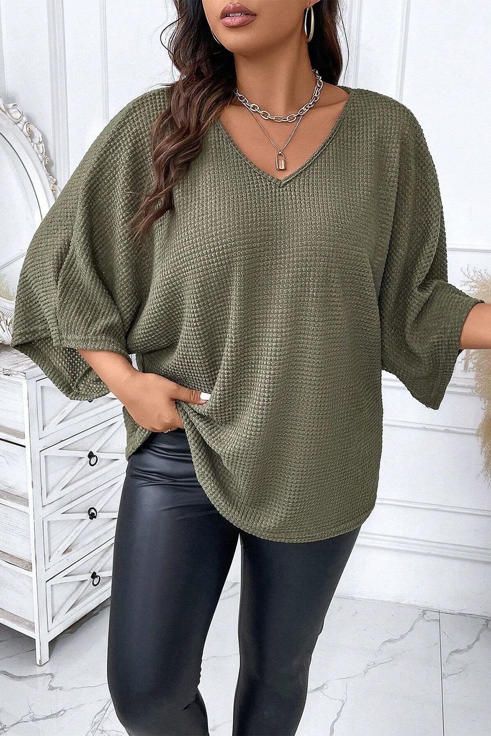 Jungle Green  V Neck Textured Knit Dolman Top