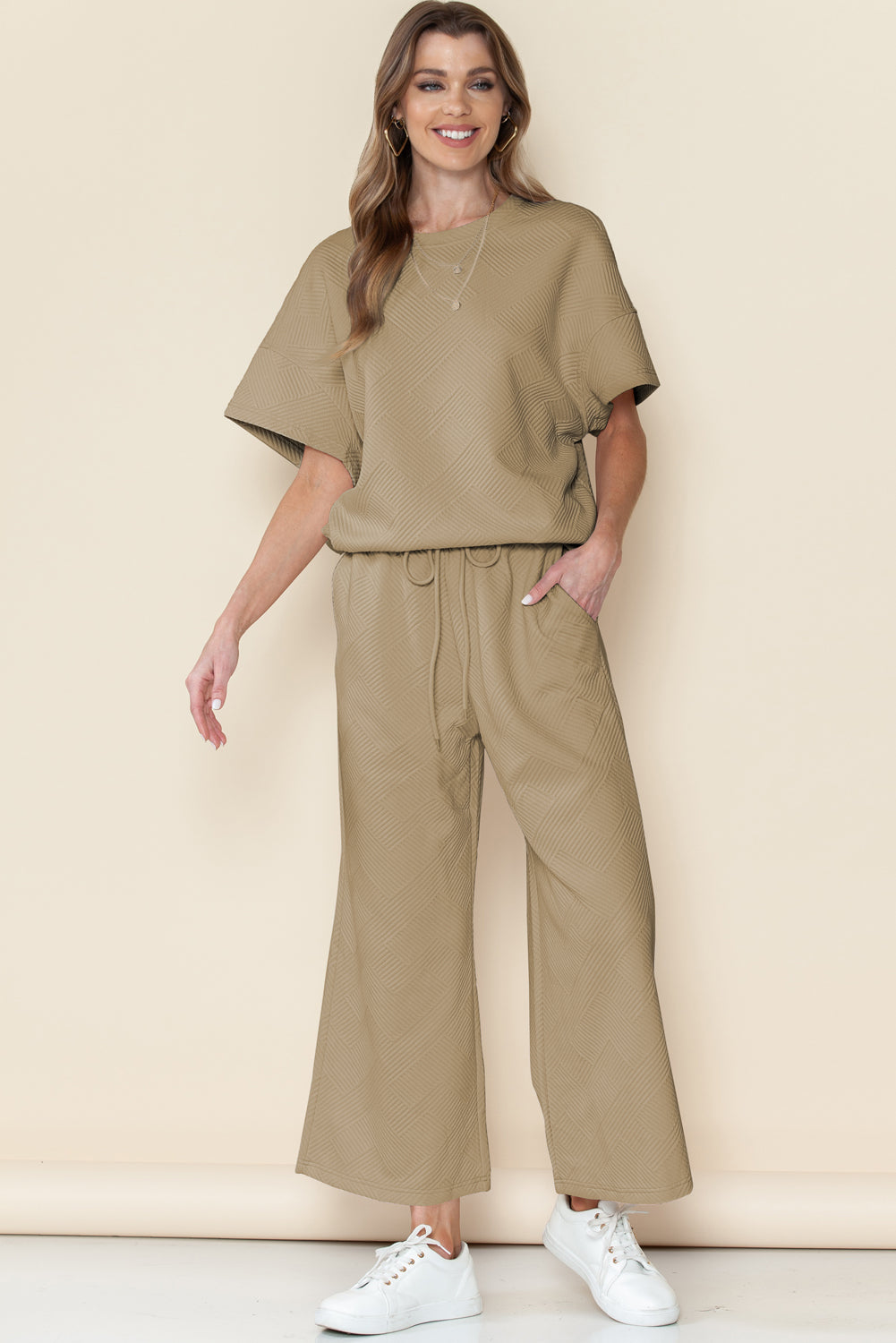 Textured Loose Fit T Shirt and Drawstring Pants Set