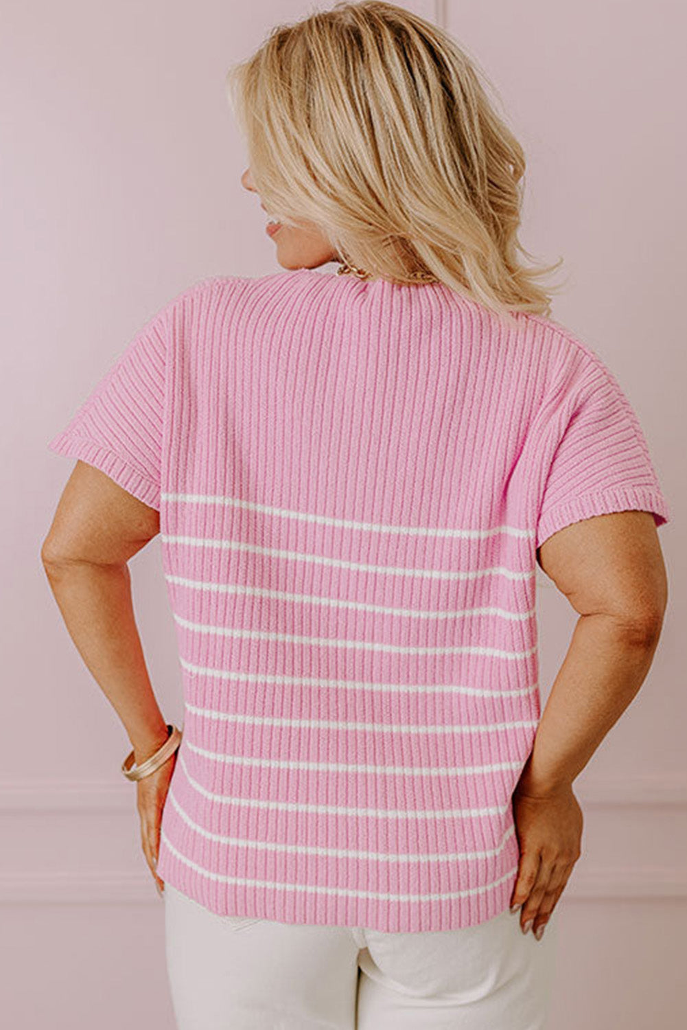 Pink Plus Size Ribbed Stripe Round Neck T Shirt