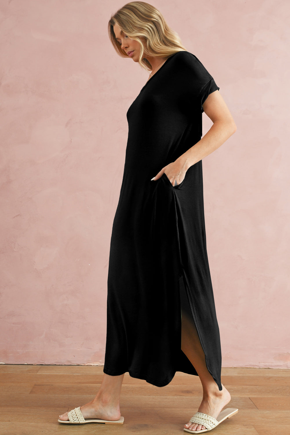 Solid Color Hidden Pocket V Neck Slit Maxi Dress