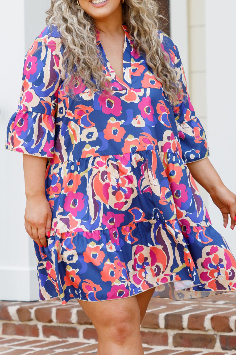 Curvy Blue Floral Print Bell Sleeve Mini Dress