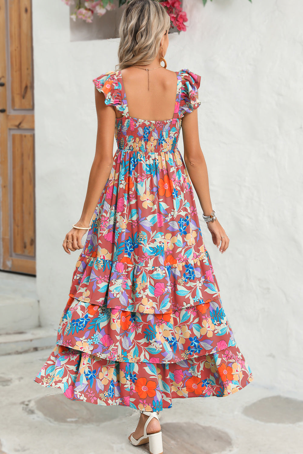 Boho Floral Print Ruffle Sleeveless Tiered Maxi Dress