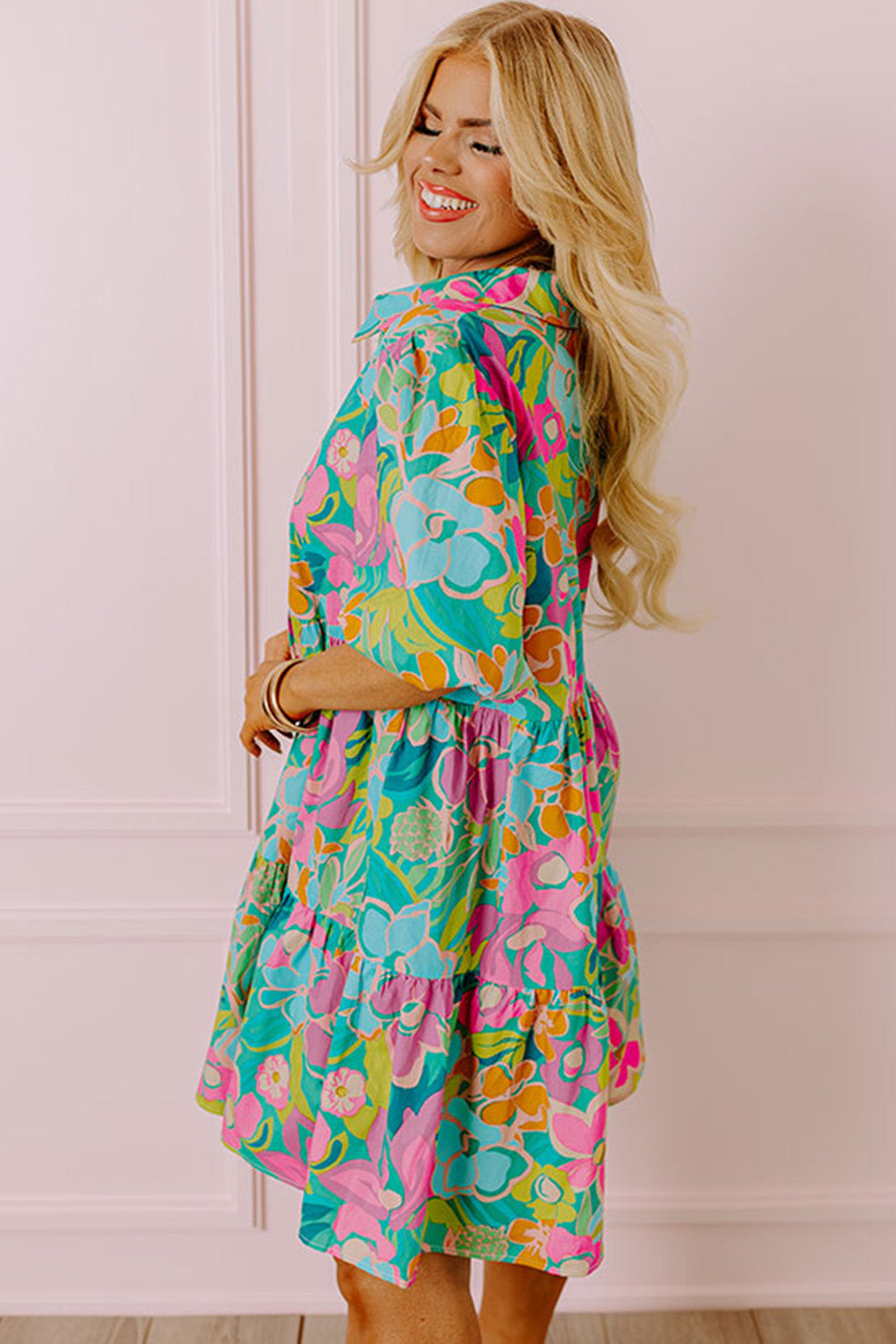 Plus Floral Print Puff Sleeve Tiered Shirt Dress