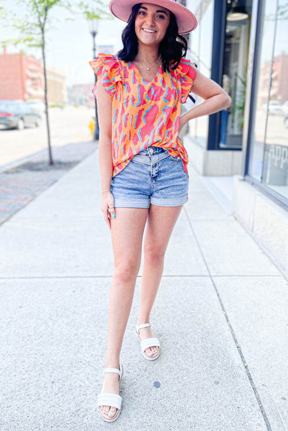 Orange Abstract Print V Neck Ruffled Sleeve Blouse