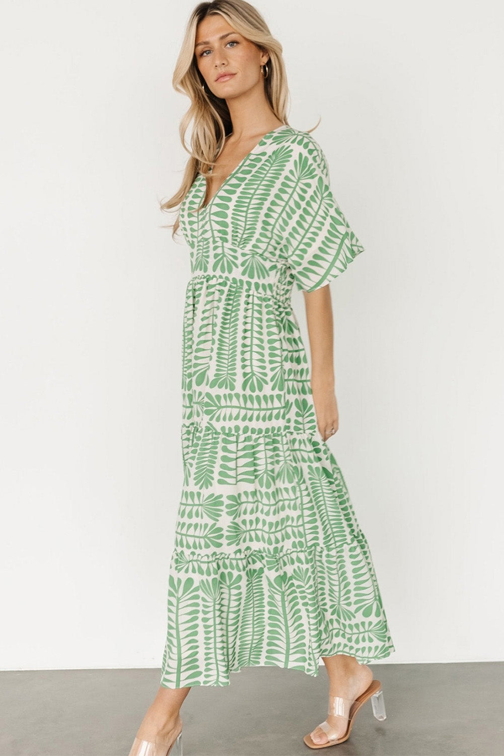 Grass Green Bohemian Leaves Print High Waist Midi Dress