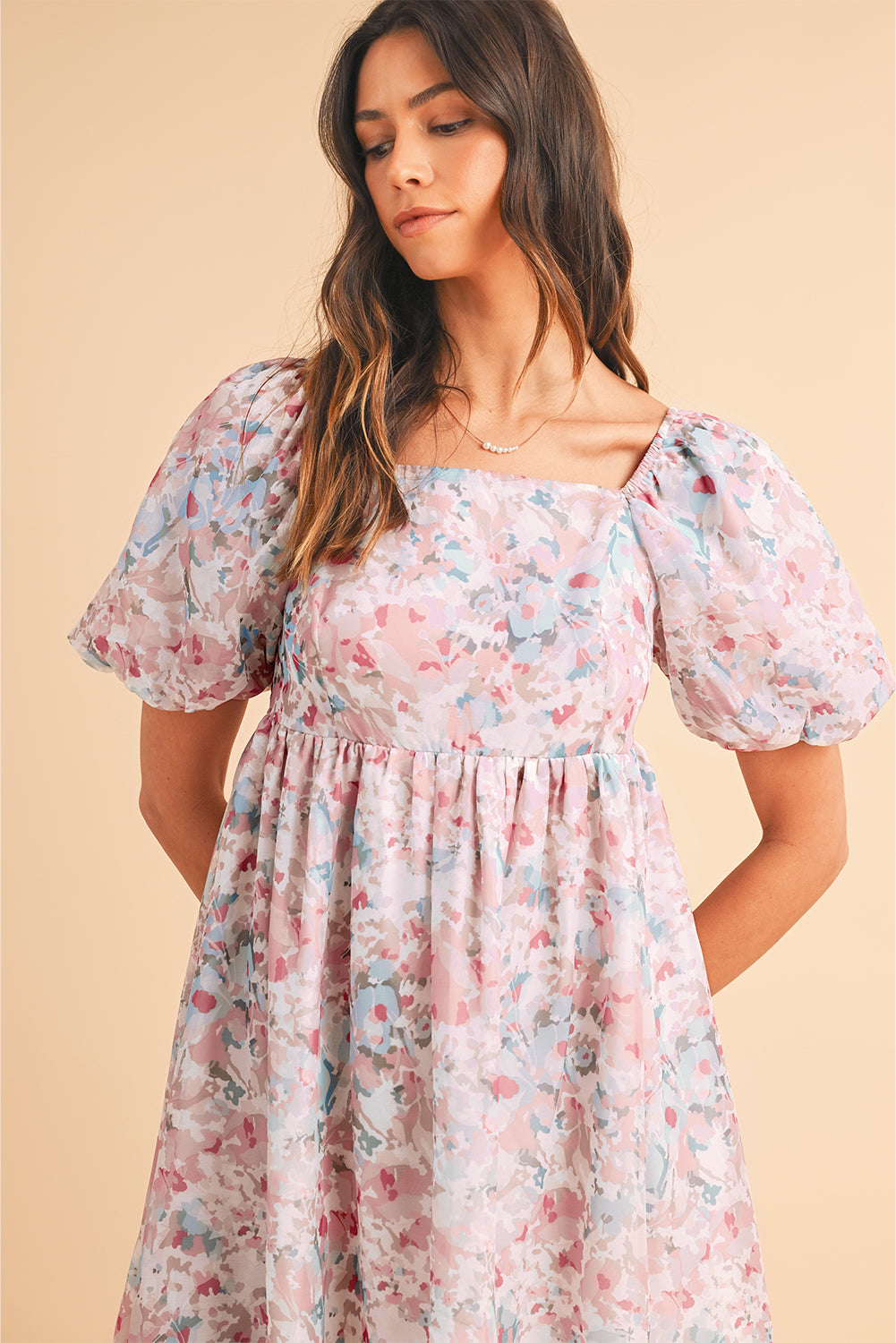 Floral Lantern Sleeve Square Neck Ruffled Mini Dress