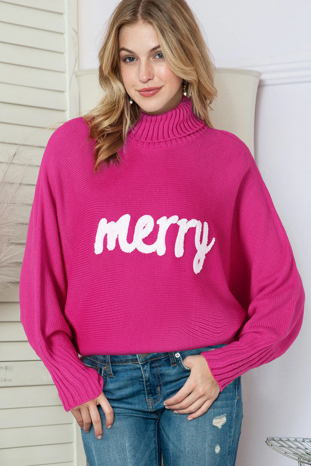 Red Turtle Neck Batwing Sleeve Merry Christmas Sweater