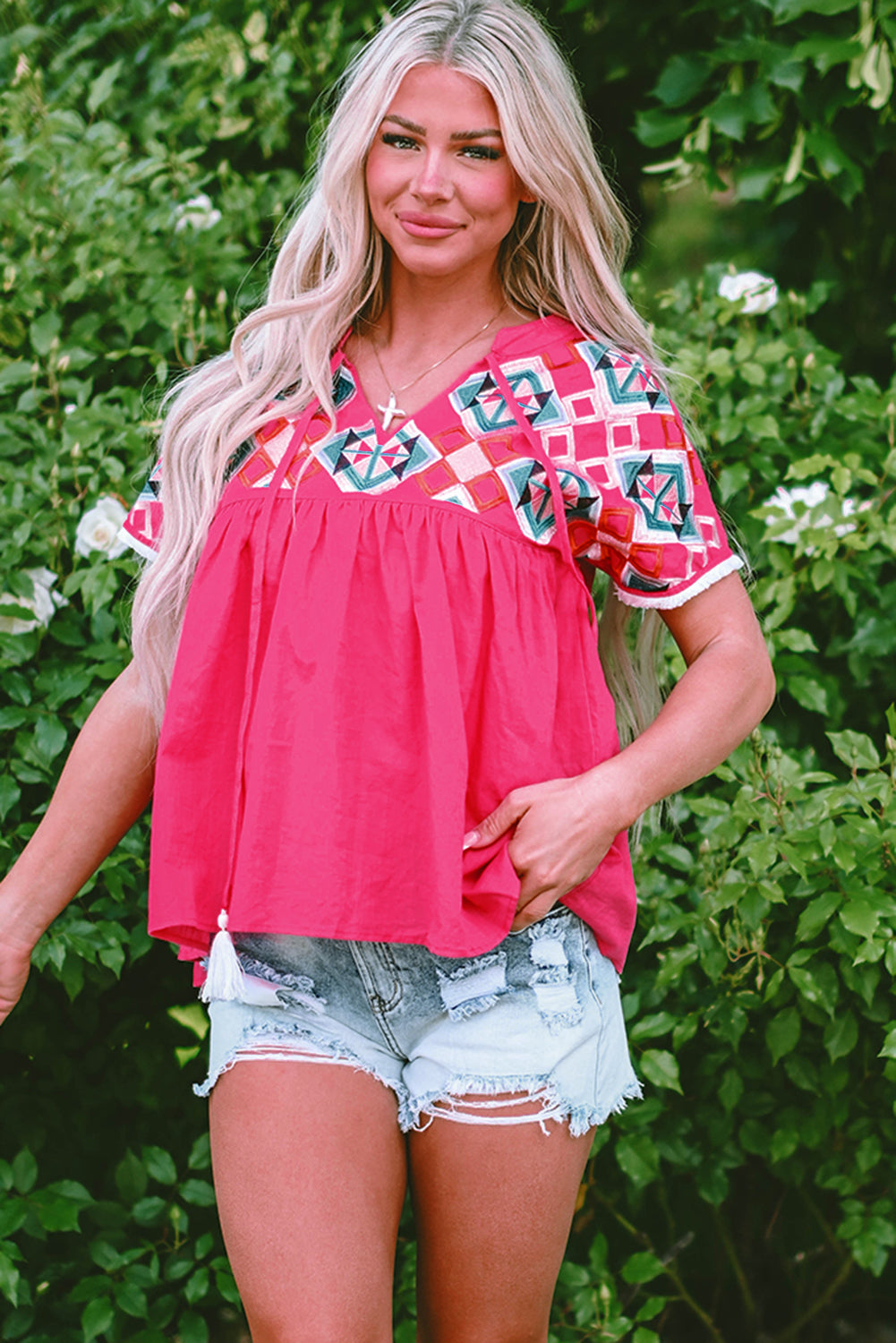 Geometric Embroidered Tassel Tie V Neck Blouse