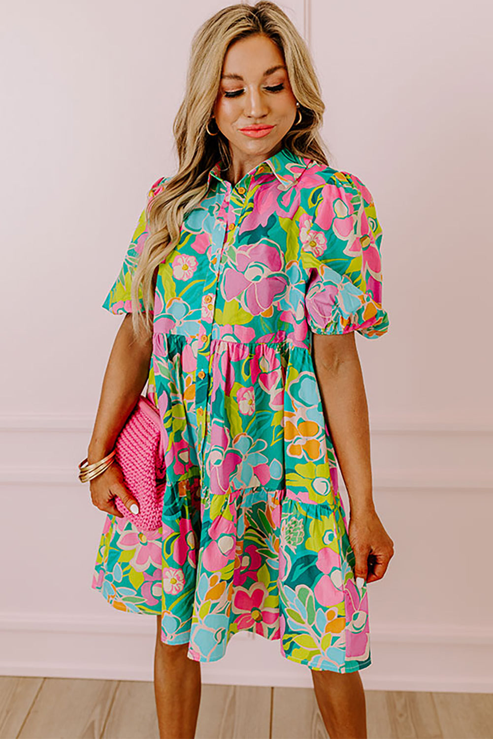 Floral Puff Sleeve Buttoned Babydoll Dress