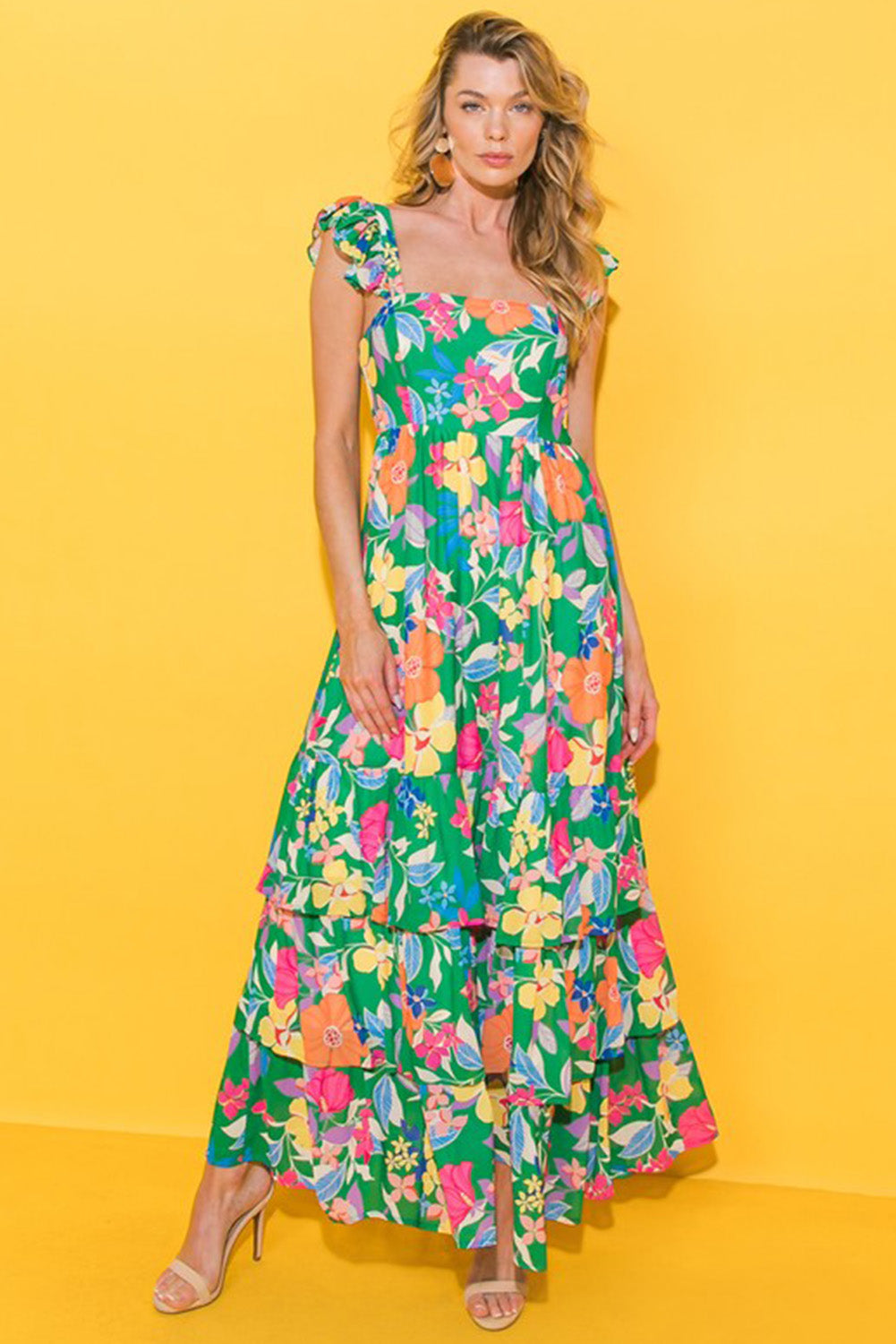 Boho Floral Print Ruffle Sleeveless Tiered Maxi Dress