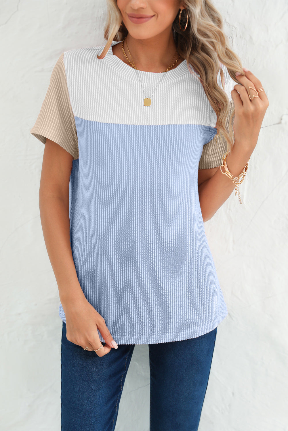 Ribbed Textured Colorblock T Shirt