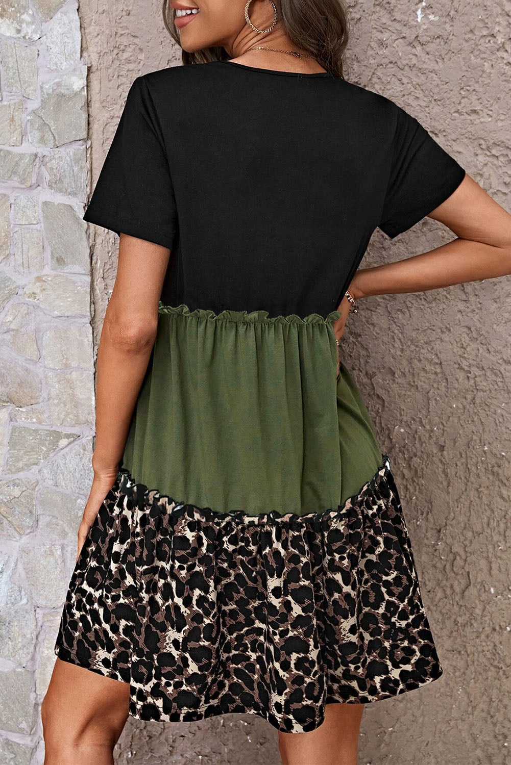 Leopard Print Colorblock Frill Trim T-shirt Dress