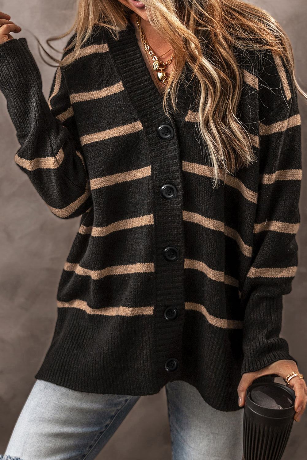 Striped Buttoned V Neck Drop Shoulder Loose Cardigan