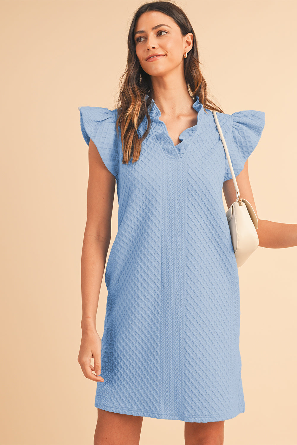 Light Blue Textured Puff Sleeve Ruffled V Neck Mini Dress