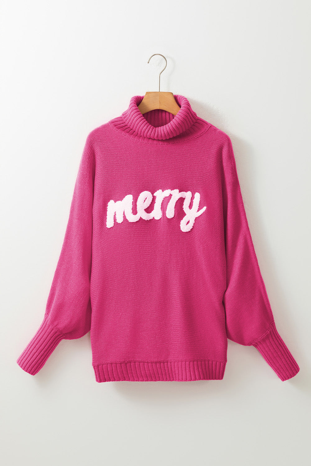 Red Turtle Neck Batwing Sleeve Merry Christmas Sweater