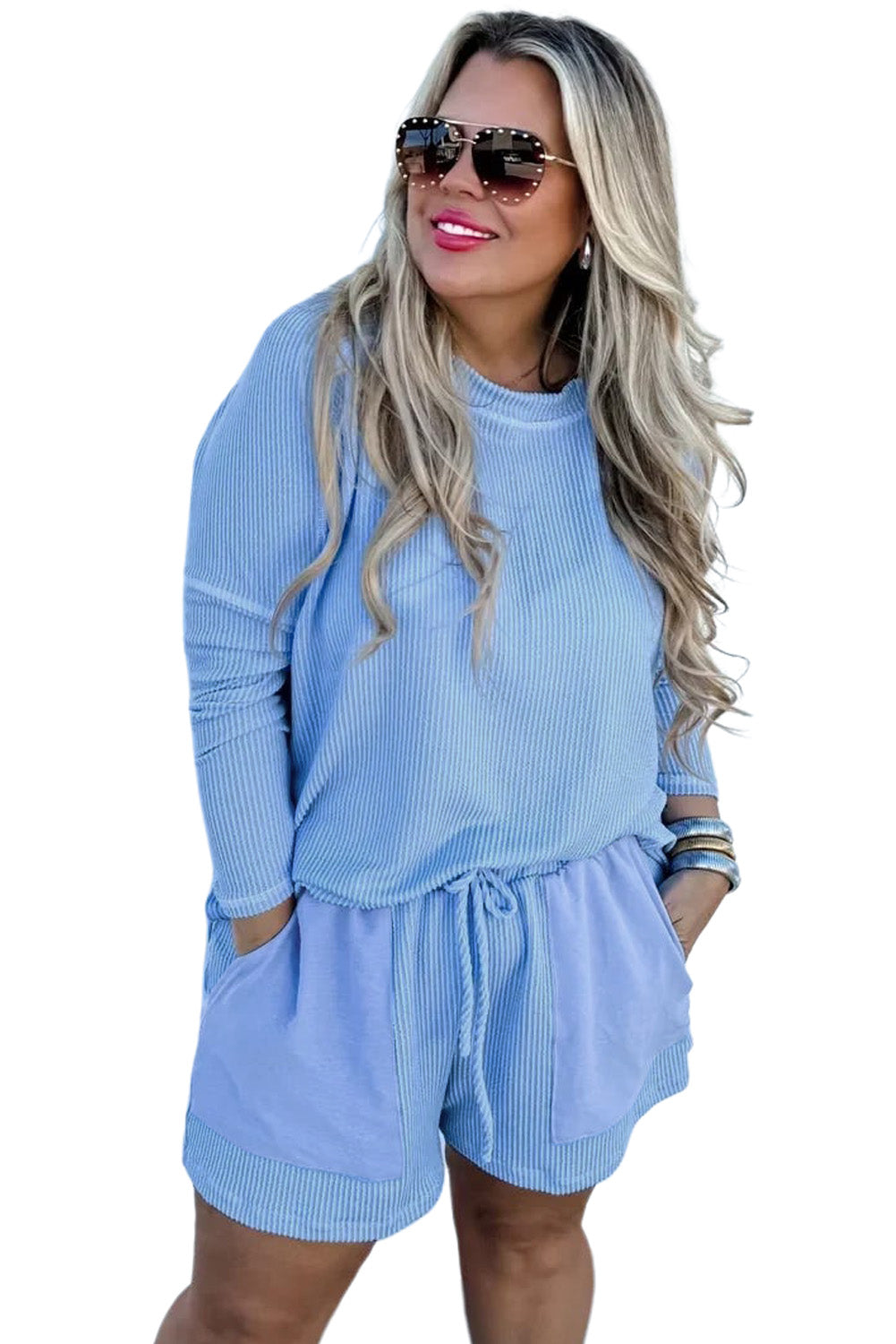 Light Blue Plus Size Ribbed Long Sleeve Top and Drawstring Shorts Set-Arriving 7/25