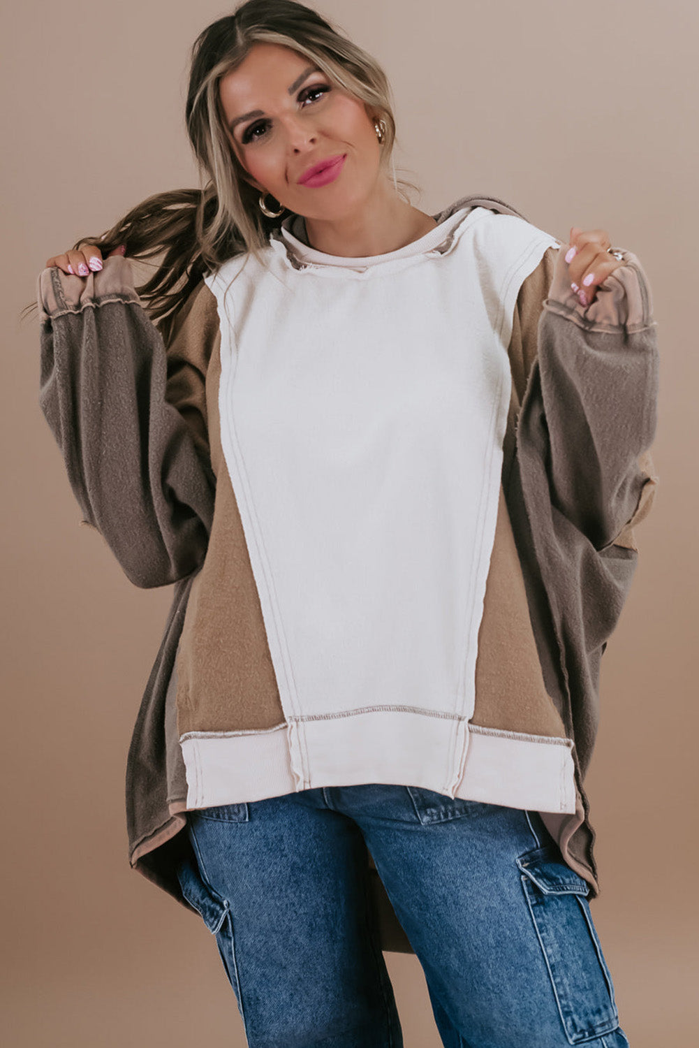 Brown Plus Size Exposed Seam Patchwork Sweatshirt