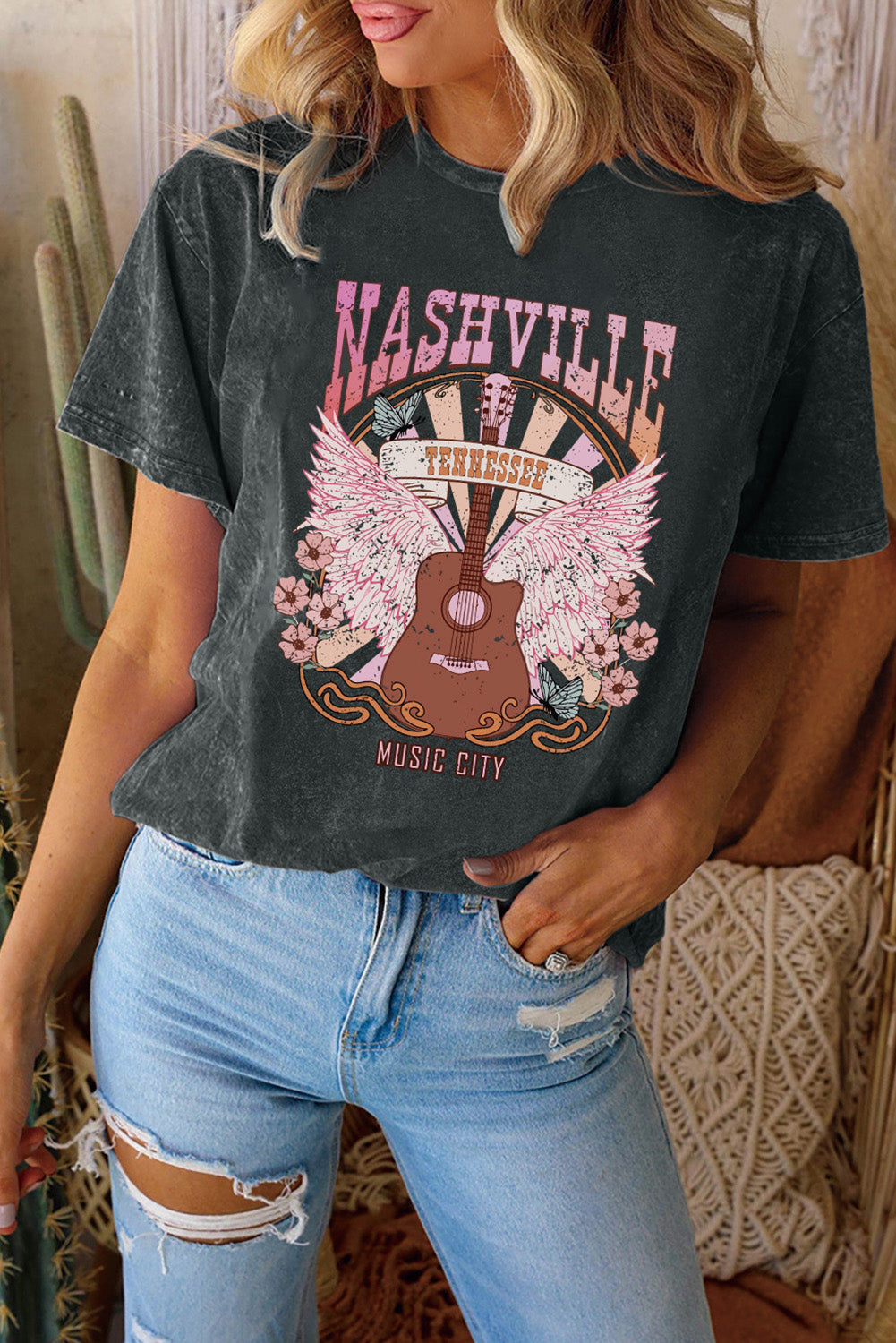 Black Nashville Guitar Graphic Round Neck T Shirt