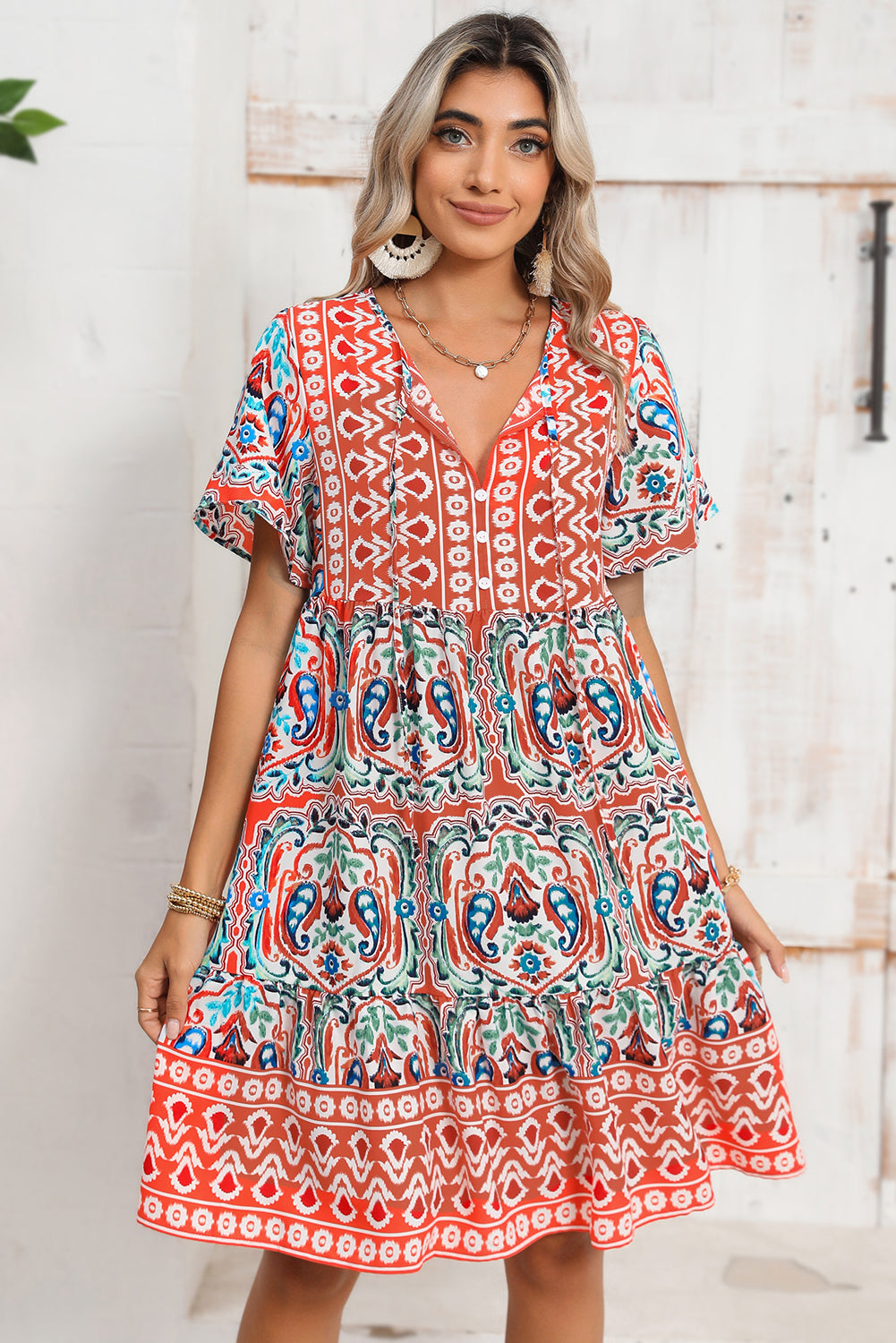 Bohemian Tie Neck Flounce Sleeve Ruffle Hem Mini Dress