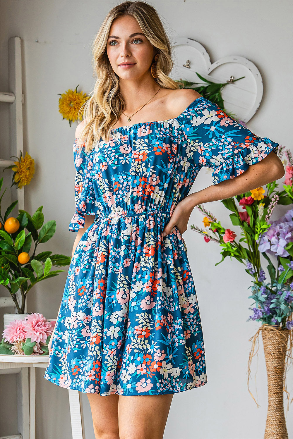 Bohemian Floral Print Off Shoulder Short Dress