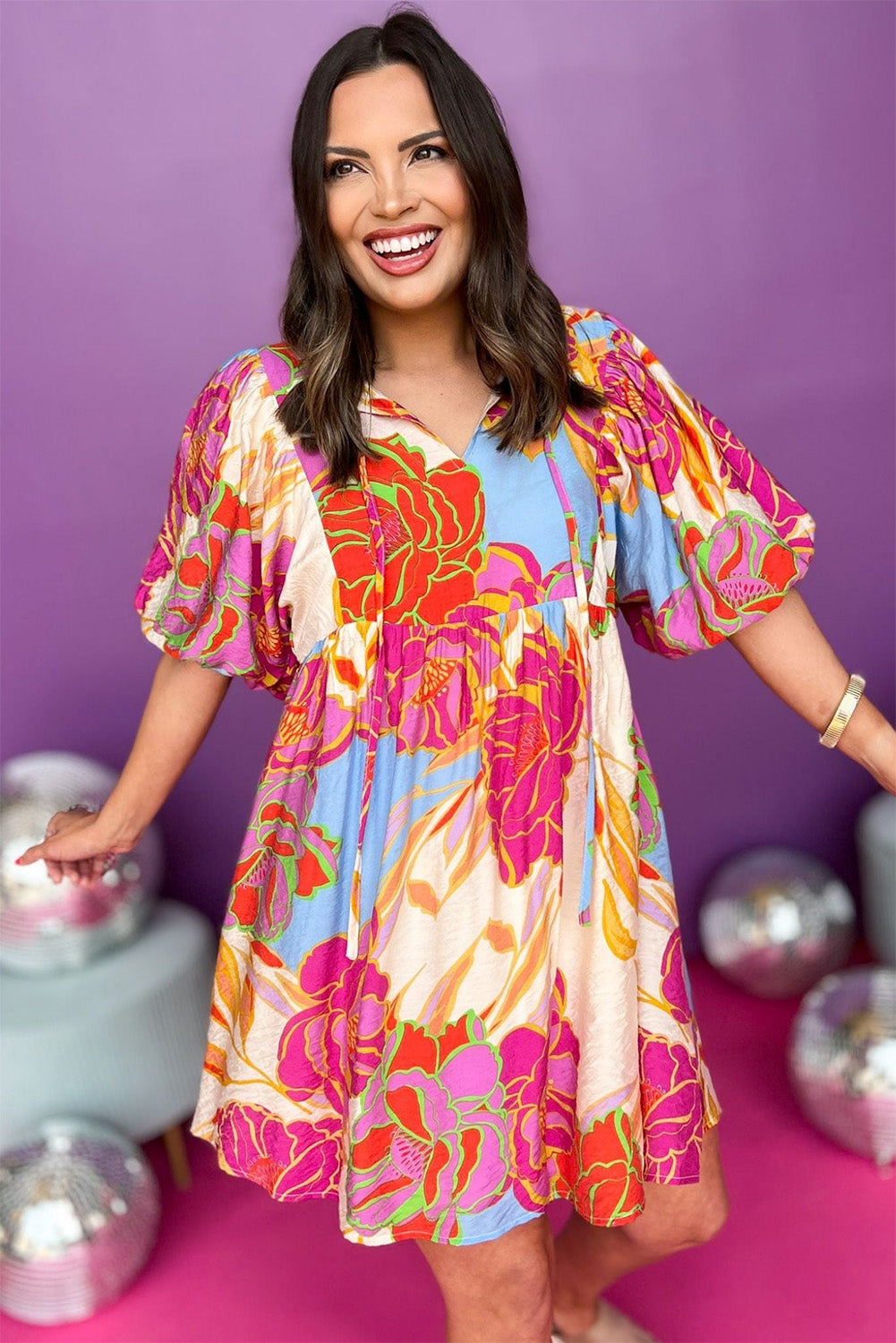 Floral Lantern Sleeve Split Neck Babydoll Dress