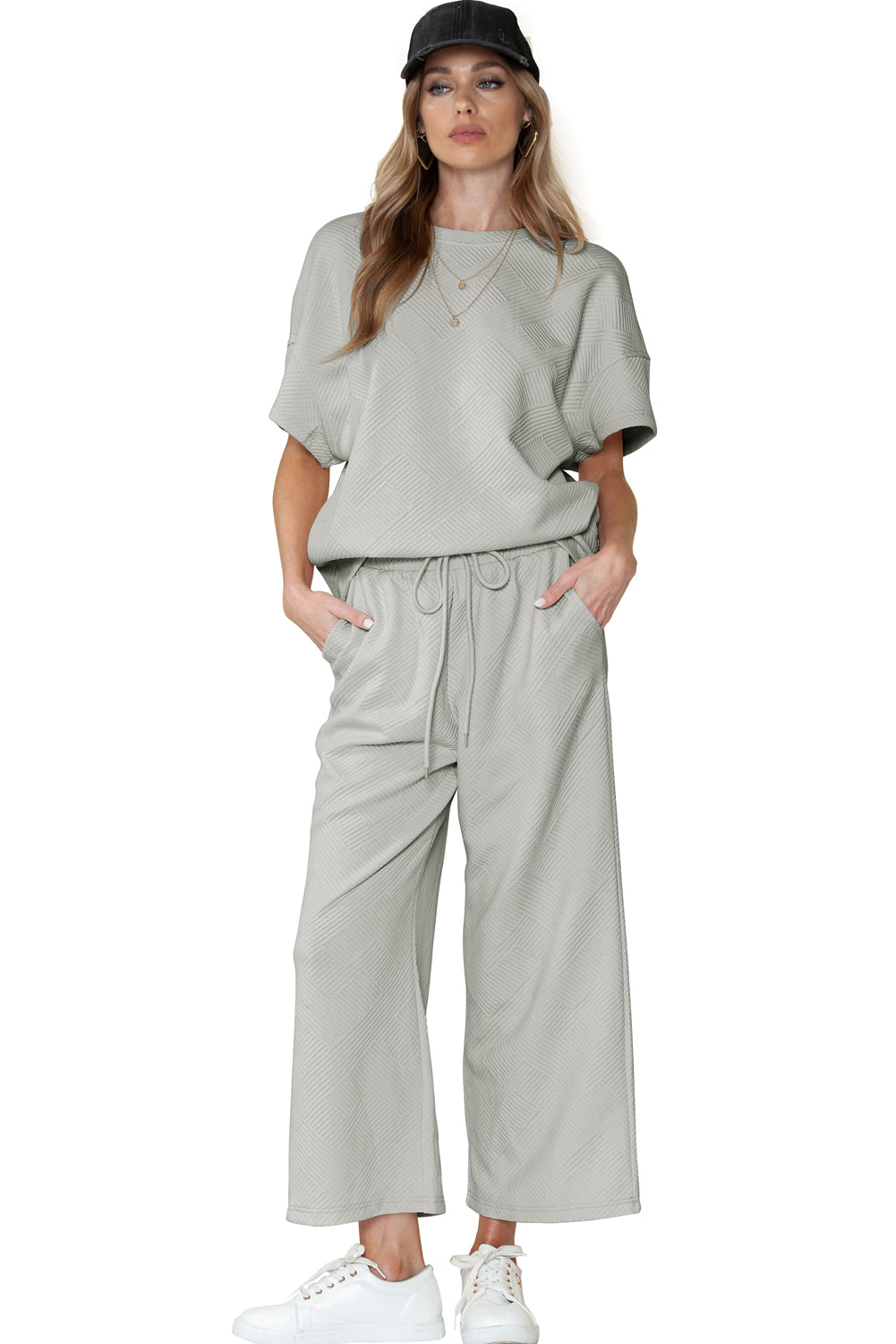 Textured Loose Fit T Shirt and Drawstring Pants Set