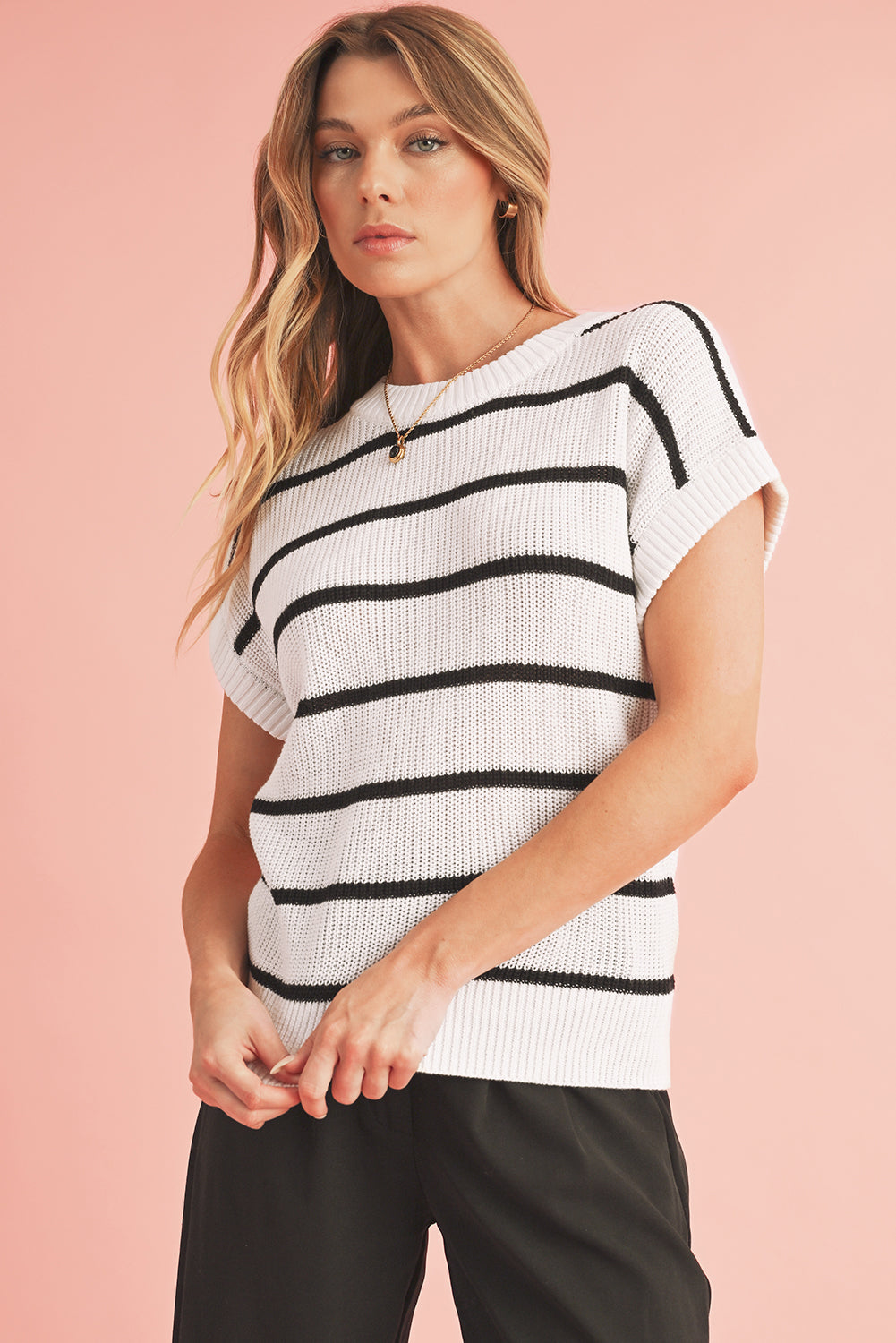 White Striped Pattern Batwing Short Sleeve Knit Sweater