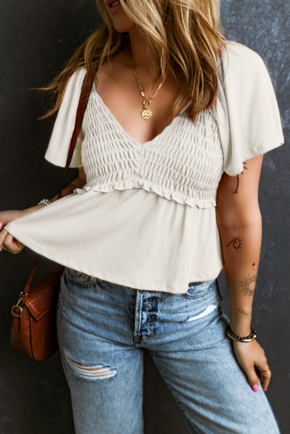 Shirred V Neck Short Flutter Sleeve Textured Blouse