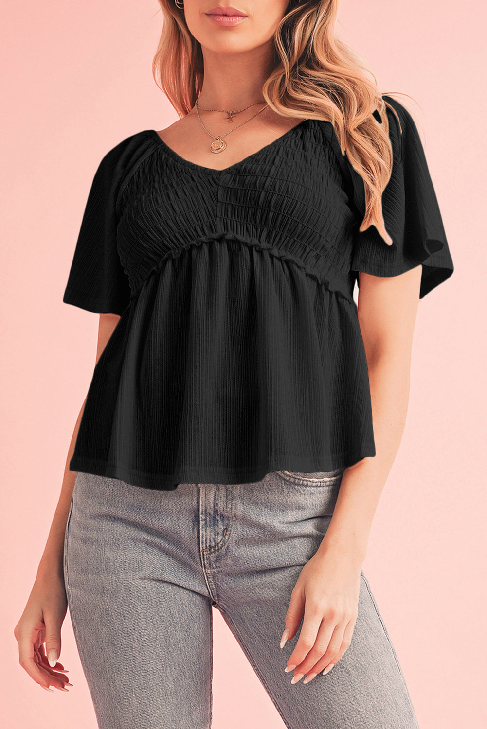 Shirred V Neck Short Flutter Sleeve Textured Blouse