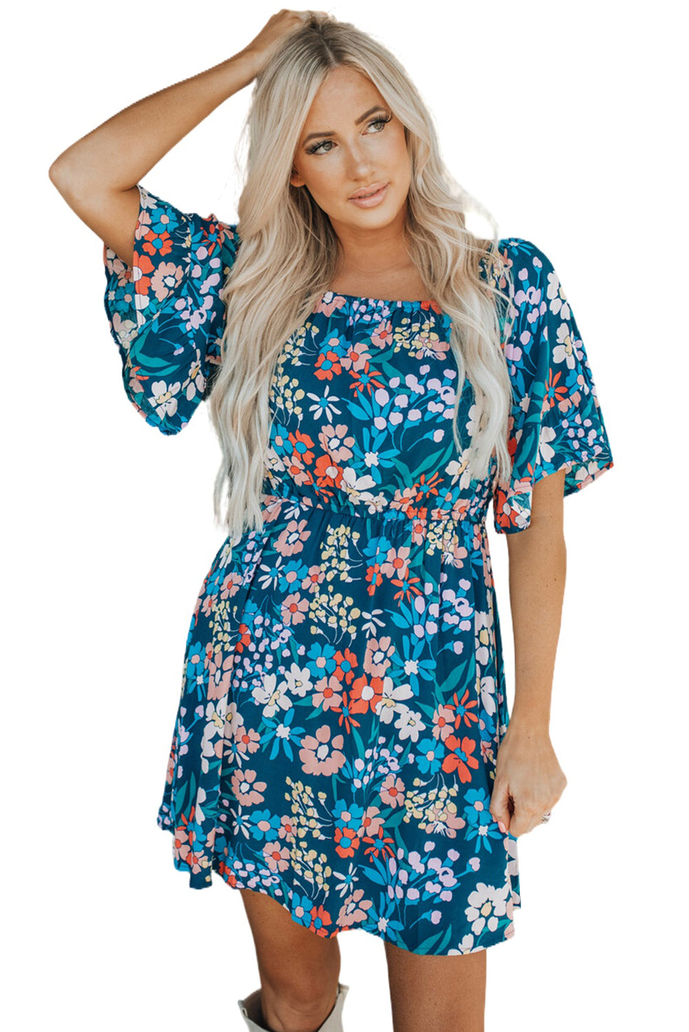 Bohemian Floral Print Off Shoulder Short Dress