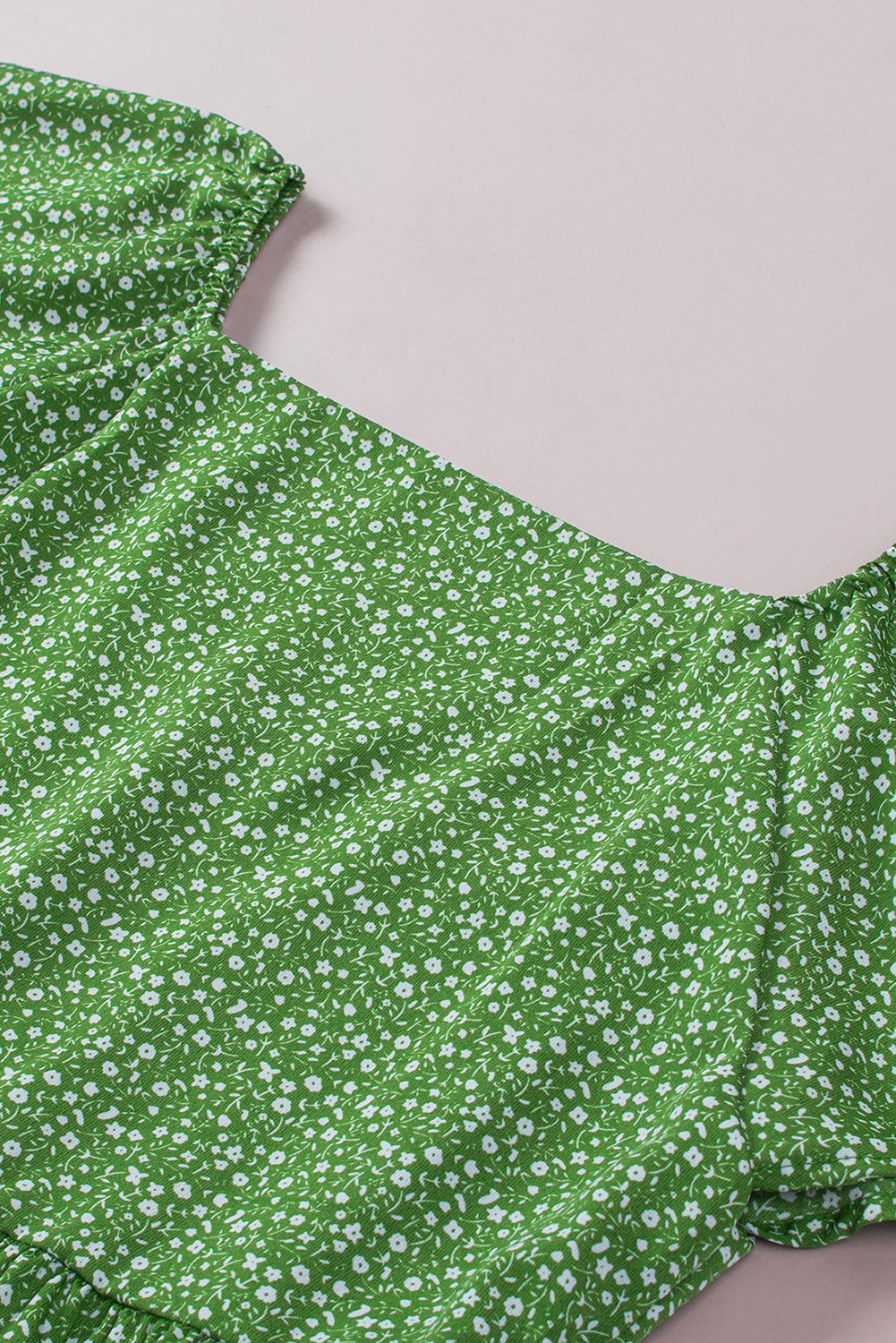 Green Floral Print Pleated Flounce Hem Short Sleeve Plus Size Top