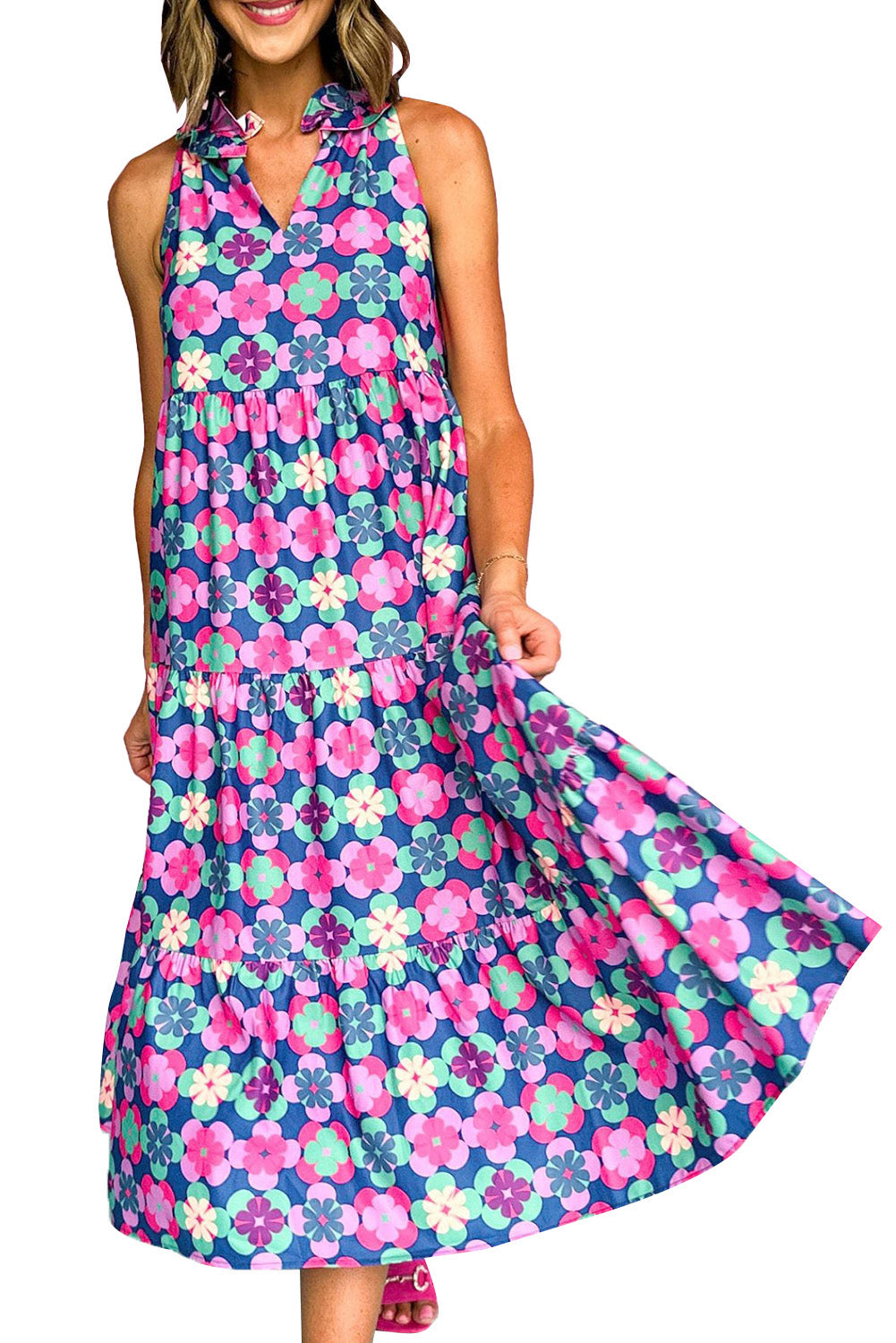 Abstract Print Frill Split Neck Tiered Maxi Dress